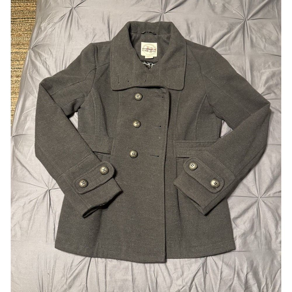 VTG Y2K Hydraulic Jeans Women's M Gray Double Breasted Pea Coat Belted Lined - Picture 2 of 12